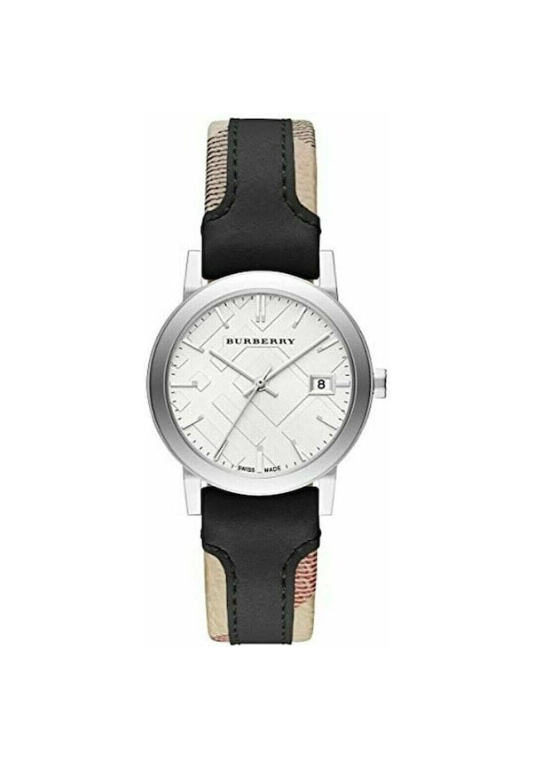  Shop Authentic Burberry The City White Dial Black Haymarket Leather Strap Watch for Women - BU9150 - Luxxuri