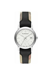  Shop Authentic Burberry The City White Dial Black Haymarket Leather Strap Watch for Women - BU9150 - Luxxuri