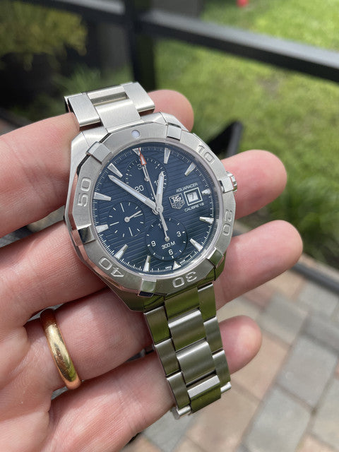  Shop Authentic Tag Heuer Aquaracer Caliber 16 Automatic Chronograph Blue Dial Silver Steel Strap Watch for Men - CAY2112.BA0927 - Luxxuri