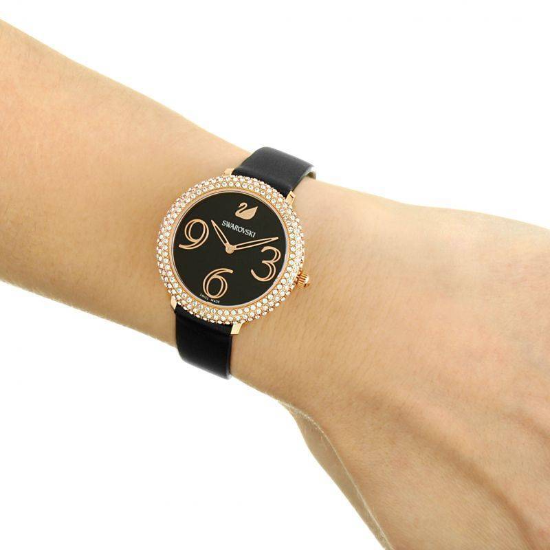  Shop Authentic Swarovski Crystal Frost Black Dial Black Leather Strap Watch for Women - 5484058 - Luxxuri