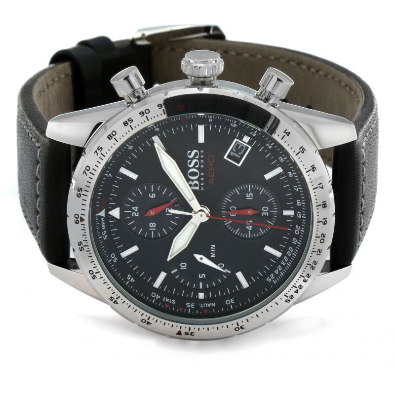  Shop Authentic Hugo Boss Aero Chronograph Black Dial Black Leather Strap Watch for Men - 1513770 - Luxxuri