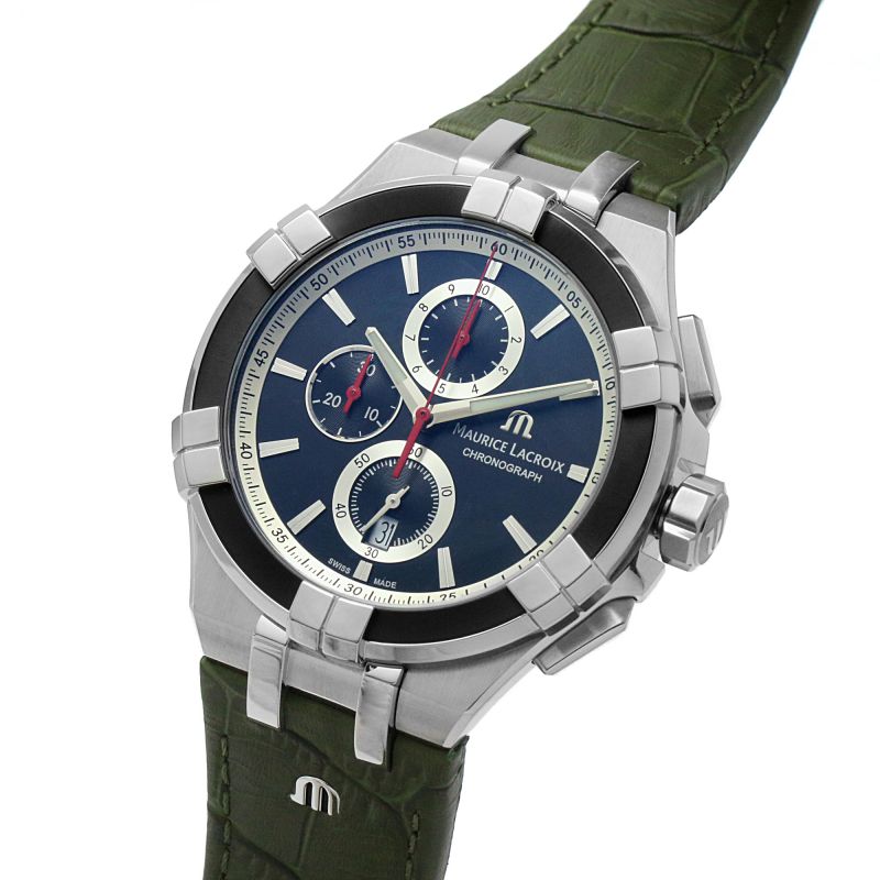  Shop Authentic Maurice Lacroix Aikon Chronograph Black Dial Green Leather Strap Watch for Men - AI1018-PVB21-330-1 - Luxxuri