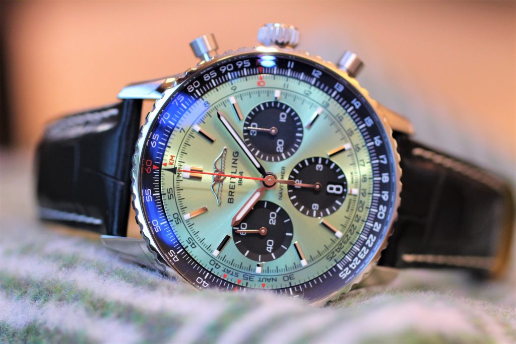  Shop Authentic Breitling Navitimer B01 Chronograph 43 Green Dial Black Leather Strap Watch for Men - AB0138241L1P1 - Luxxuri