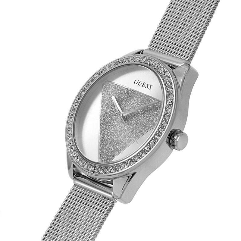  Shop Authentic Guess Tri Glitz Quartz Silver Dial Silver Mesh Bracelet Watch For Women - W1142L1 - Luxxuri