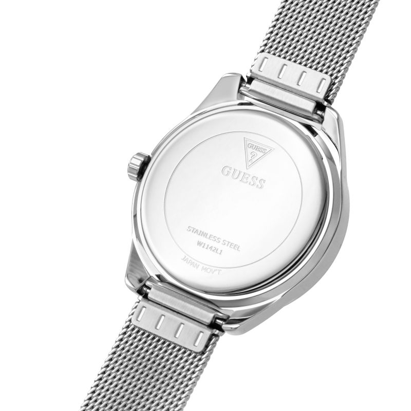  Shop Authentic Guess Tri Glitz Quartz Silver Dial Silver Mesh Bracelet Watch For Women - W1142L1 - Luxxuri