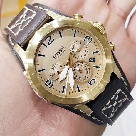  Shop Authentic Fossil Nate Chronograph Gold Dial Brown Leather Strap Watch for Men - JR1495 - Luxxuri