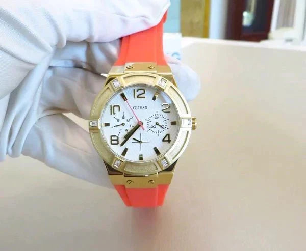  Shop Authentic Guess Jet Setter Golden Dial Orange Rubber Watch For Women - W0564L2 - Luxxuri