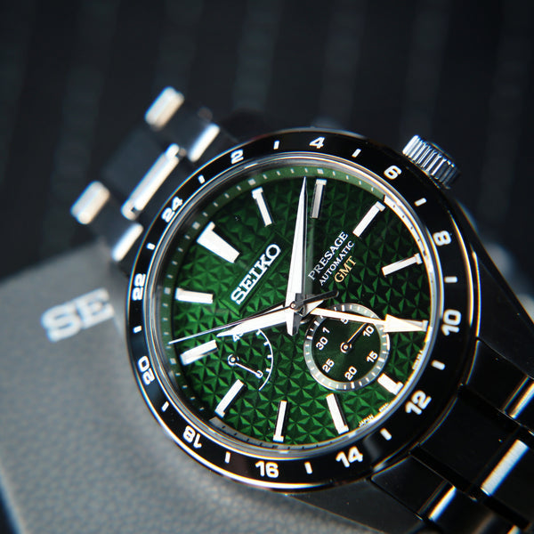 Shop Authentic Seiko Presage Sharp Edged Series GMT Green Dial Silver Steel Strap Watch For Men - SPB219J1 - Luxxuri
