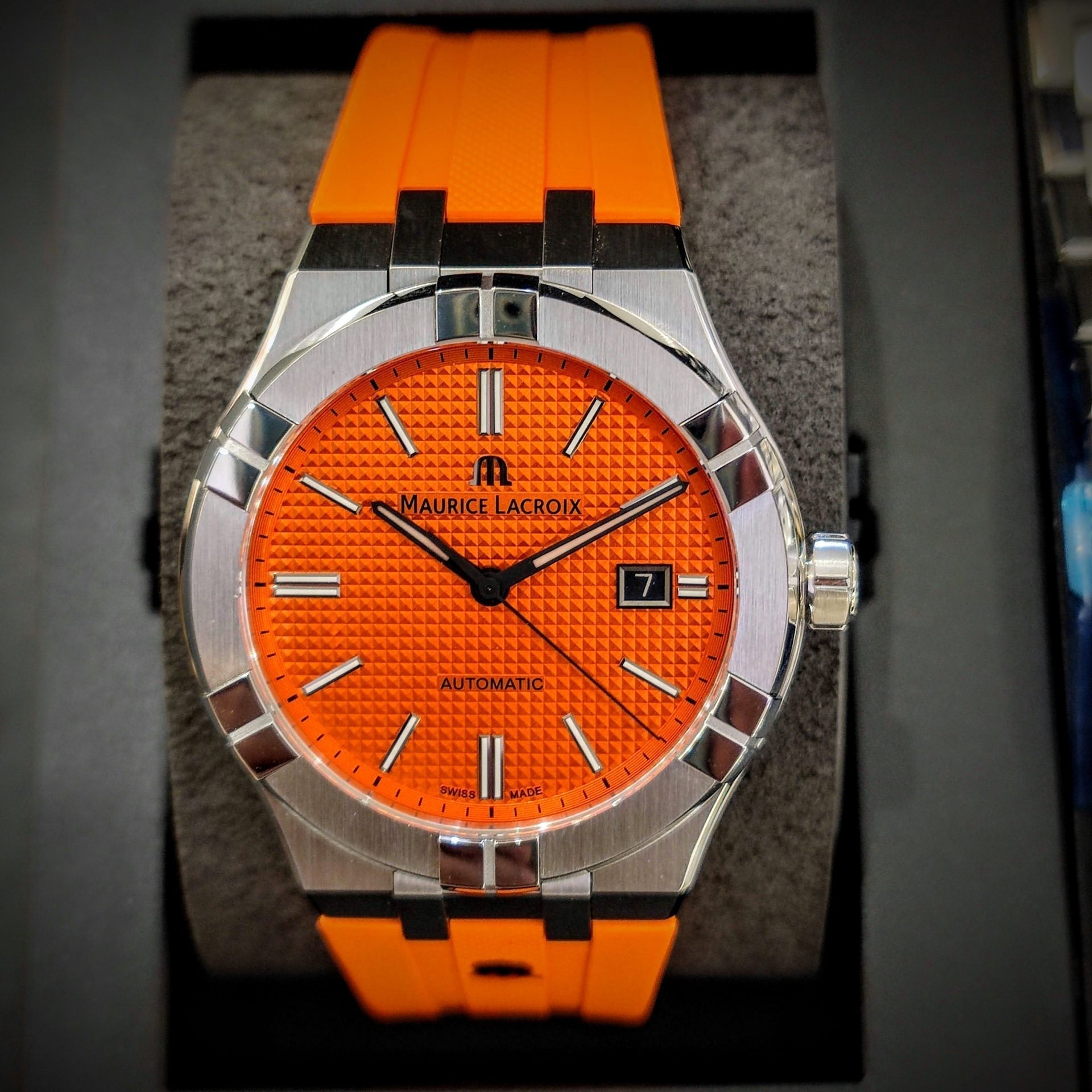  Shop Authentic Maurice Lacroix Aikon Automatic Date Orange Dial Silver Steel Strap Watch For Men - AI6008-SS00F-530-E - Luxxuri