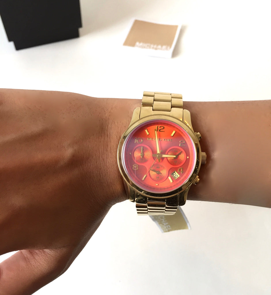  Shop Authentic Michael Kors Runway Iridescent Pink Dial Gold Steel Strap Watch for Women - MK5939 - Luxxuri
