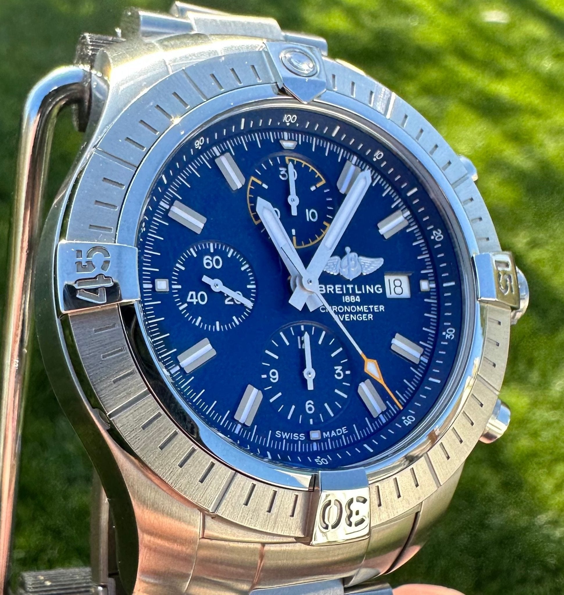  Shop Authentic Breitling Avenger Chronograph 45mm Blue Dial Silver Steel Strap Watch for Men - A13317101C1A1 - Luxxuri