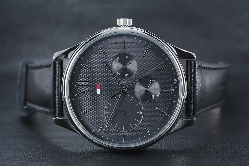  Shop Authentic Tommy Hilfiger Damon Multifunction Black Dial Black Leather Strap Watch for Men - 1791417 - Luxxuri