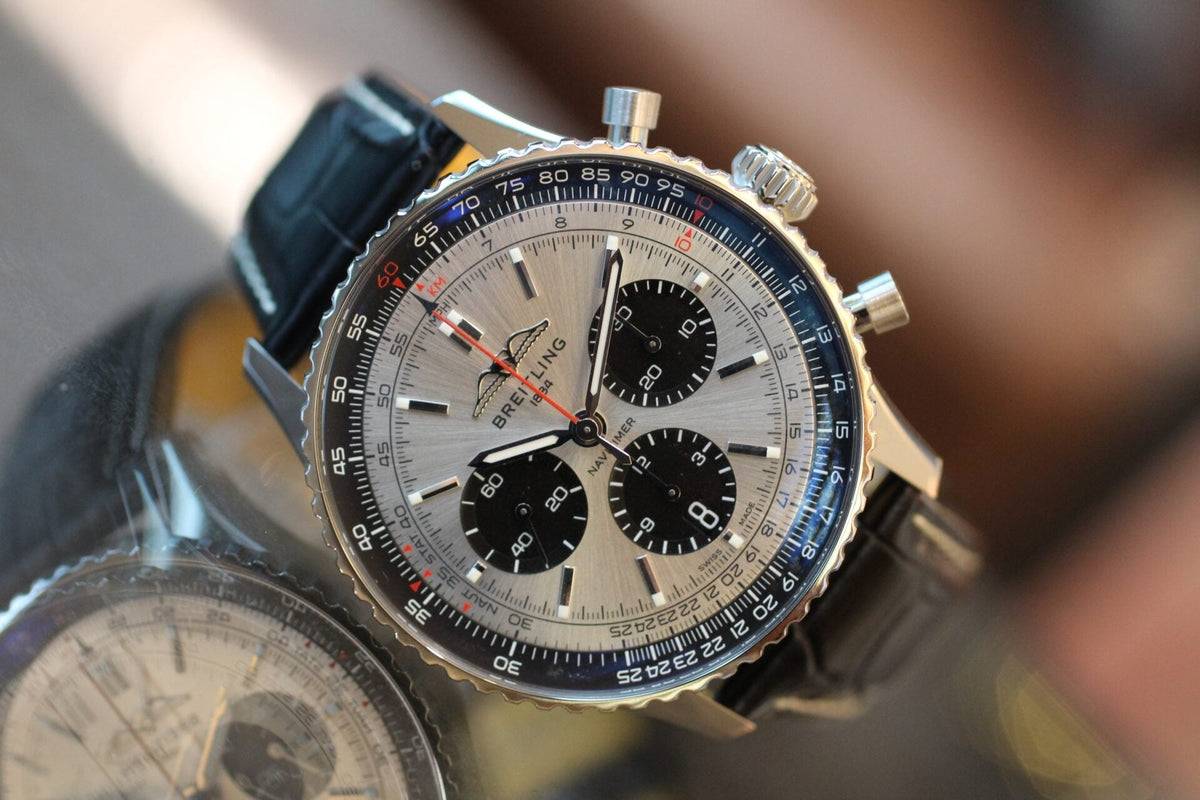  Shop Authentic Breitling Navitimer B01 Chronograph 43 Silver Dial Black Leather Strap Watch for Men - AB0138241G1P1 - Luxxuri