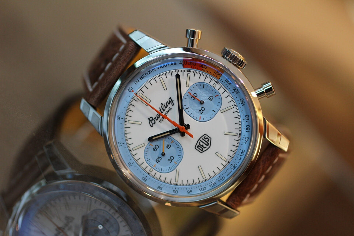  Shop Authentic Breitling Top Time Deus Limited Edition White Dial Brown Leather Strap Watch for Men - A233112A1A1X1 - Luxxuri