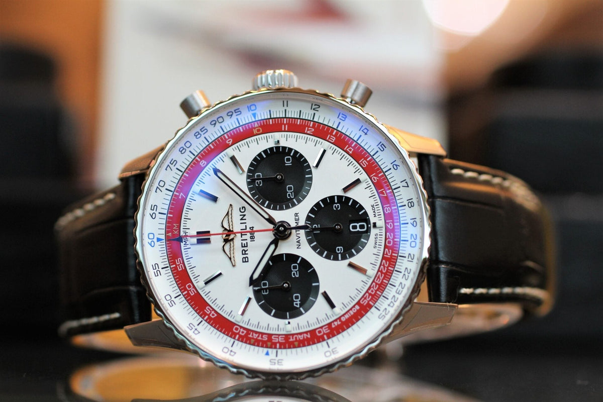  Shop Authentic Breitling Navitimer B01 Chronograph 43 Boeing 747 White Dial Black Leather Strap Watch for Men - AB01383B1G1P1 - Luxxuri