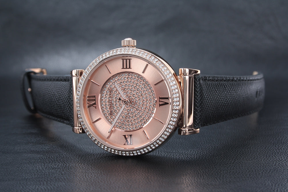  Shop Authentic Michael Kors Catlin Rose Gold Crystal Dial Black Leather Strap Watch for Women - MK2376 - Luxxuri