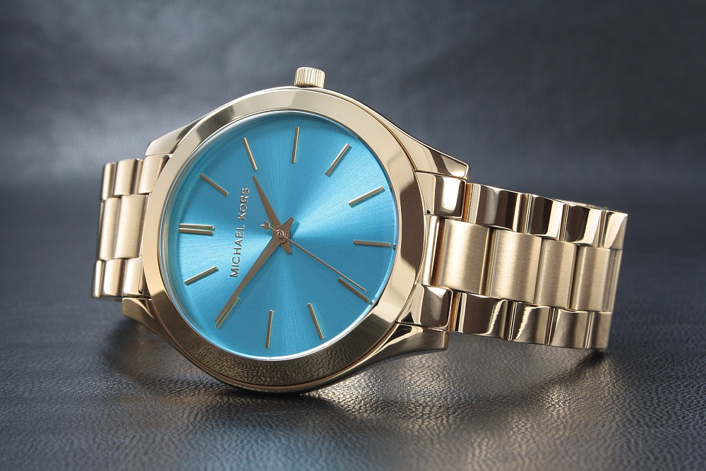  Shop Authentic Michael Kors Slim Runway Blue Mother of Pearl Dial Gold Steel Strap Watch for Women - MK3492 - Luxxuri