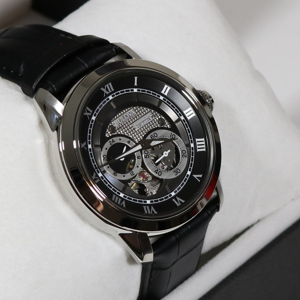  Shop Authentic Bulova BVA Classic Automatic Silver Dial Black Leather Strap Watch for Men - 96A135 - Luxxuri