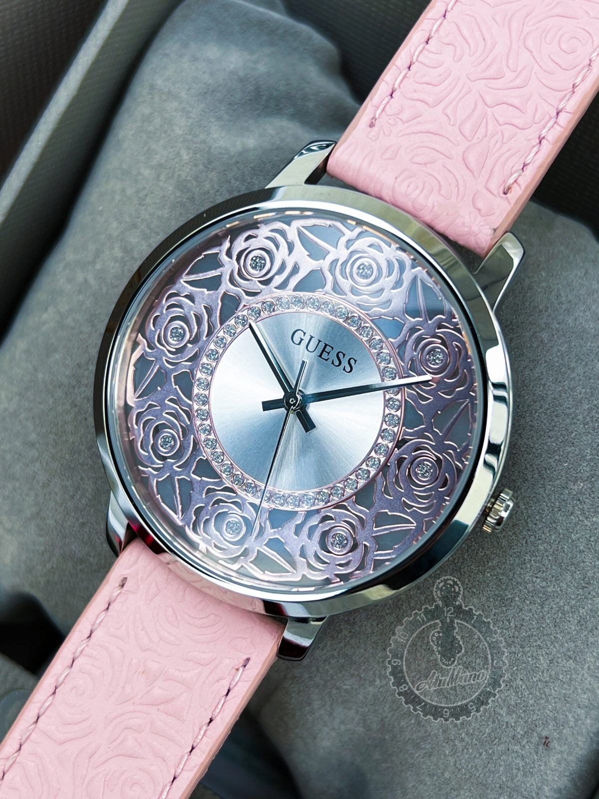 Shop Authentic Guess Dahlia Analog Silver Dial Pink Leather Strap Watch for Women - GW0529L1 - Luxxuri