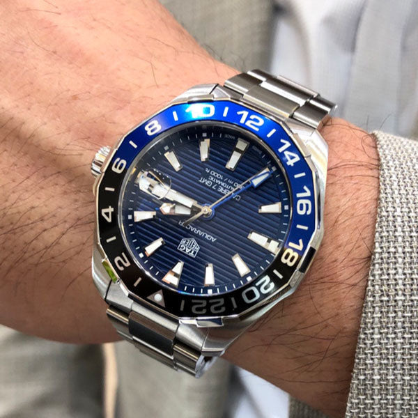  Shop Authentic Tag Heuer Aquaracer GMT Calibre 6 Automatic Blue Dial Silver Steel Strap Watch for Men - WAY201T.BA0927 - Luxxuri
