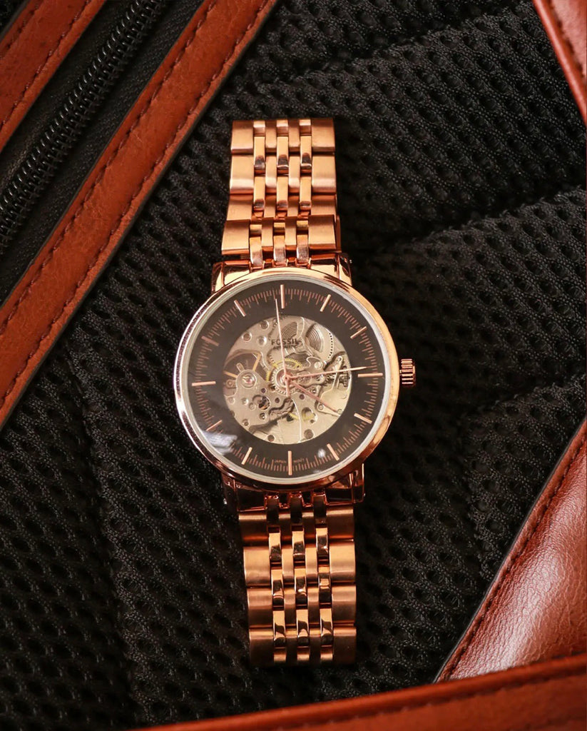  Shop Authentic Fossil Boyfriend Automatic Skeleton Rose Gold Dial Rose Gold Steel Strap Watch for Women - ME3065 - Luxxuri