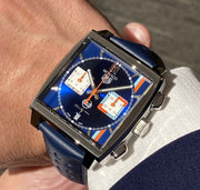  Shop Authentic Tag Heuer Monaco Gulf Automatic Chronograph Blue Dial Blue Leather Strap Watch for Men - CBL2115.FC6494 - Luxxuri