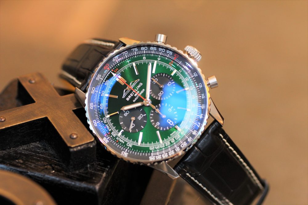  Shop Authentic Breitling Navitimer B01 Chronograph 46 Green Dial Black Leather Strap Watch for Men - AB0137241L1P1 - Luxxuri