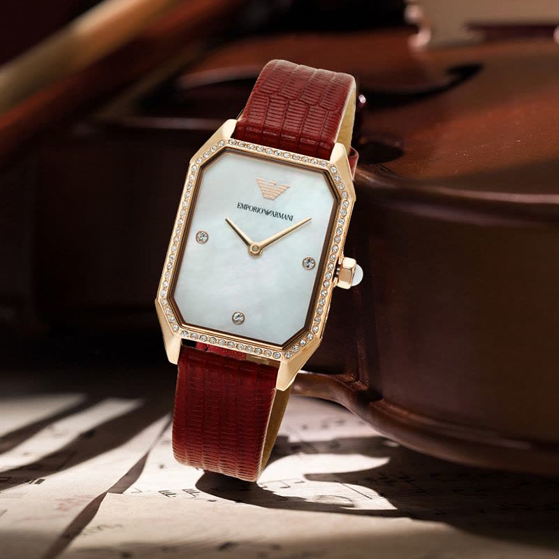  Shop Authentic Emporio Armani Gianni T Bar Two-Hand Mother of Pearl Dial Red Leather Strap Watch For Women - AR11467 - Luxxuri
