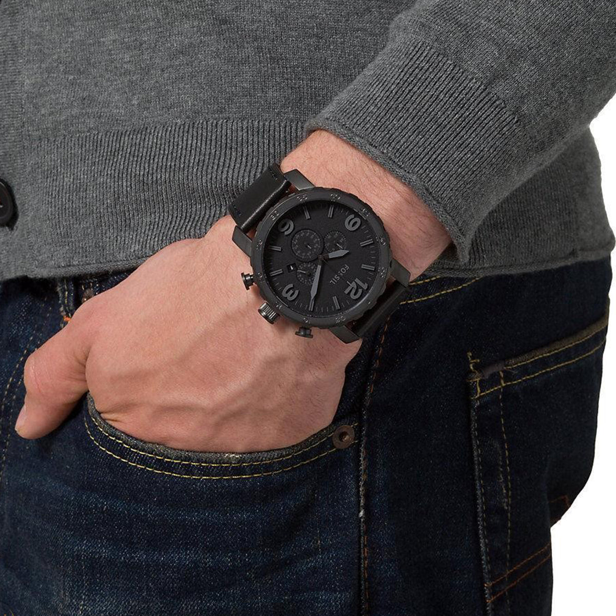  Shop Authentic Fossil Nate Chronograph Black Dial Black Leather Strap Watch for Men - JR1354 - Luxxuri