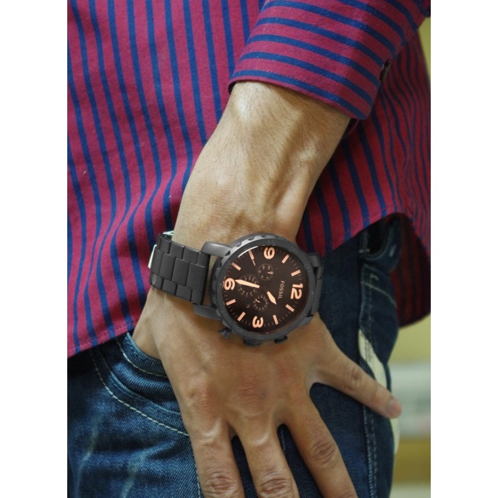  Shop Authentic Fossil Nate Chrongraph Ion Plated Black Dial Black Steel Strap Watch for Men - JR1356 - Luxxuri