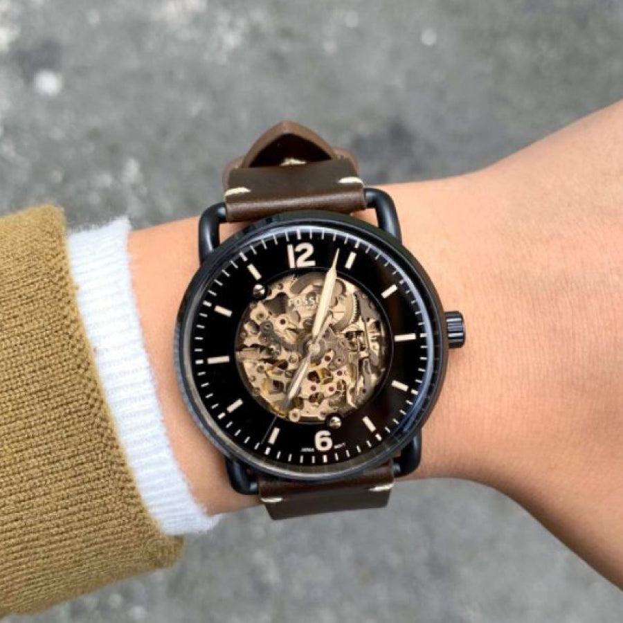  Shop Authentic Fossil Commuter Automatic Black Dial Brown Leather Strap Watch for Men - ME3158 - Luxxuri