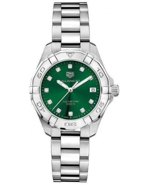  Shop Authentic Tag Heuer Aquaracer Diamonds Emerald Green Dial Silver Steel Strap Watch for Women - WBD1316.BA0740 - Luxxuri