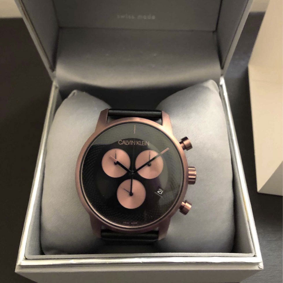  Shop Authentic Calvin Klein City Chronograph Black Dial Black Leather Strap Watch for Men - K2G17TC1 - Luxxuri