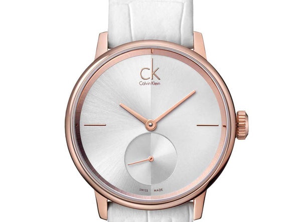  Shop Authentic Calvin Klein Accent Silver Dial White Leather Strap Watch for Women - K2Y236K6 - Luxxuri