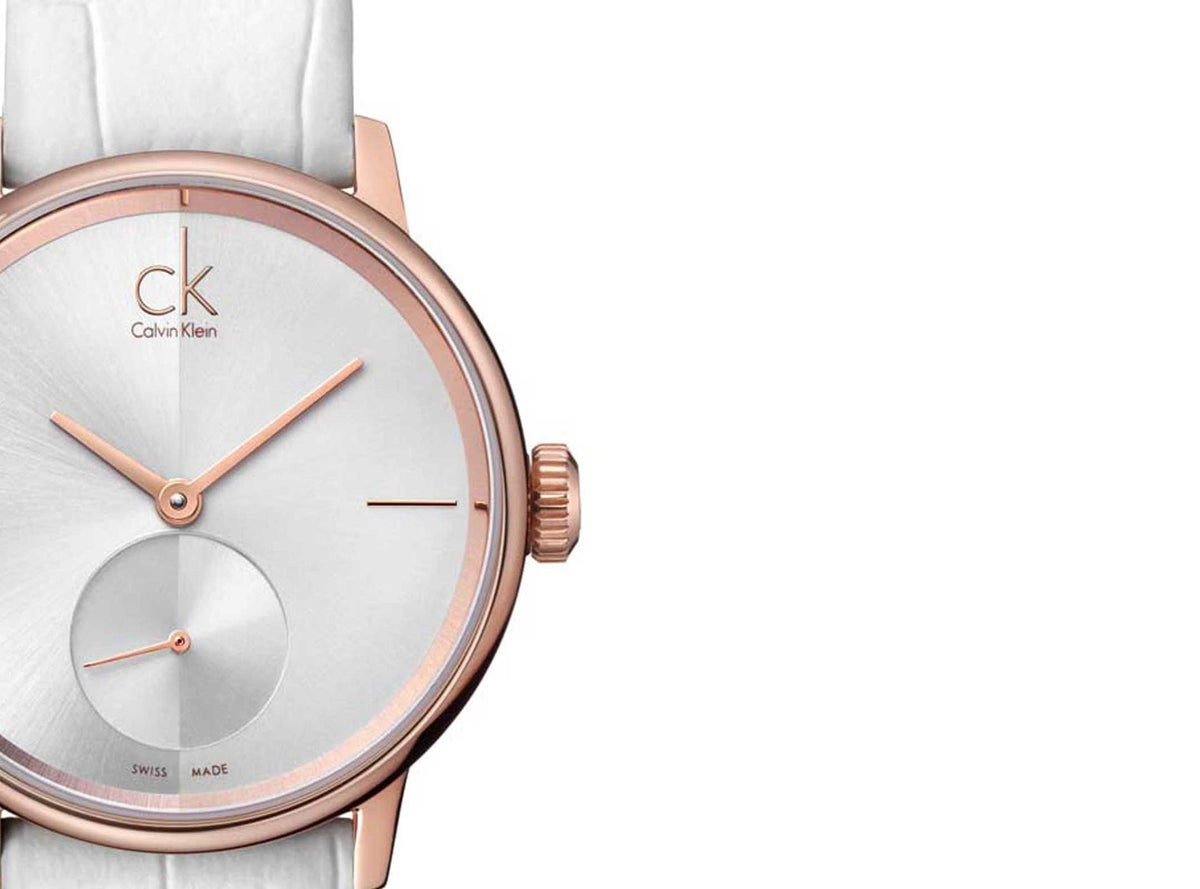 Shop Authentic Calvin Klein Accent Silver Dial White Leather Strap Watch for Women - K2Y236K6 - Luxxuri