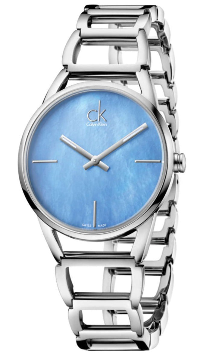 Shop Authentic Calvin Klein Stately Blue Mother of Pearl Dial Silver Steel Strap Watch for Women - K3G2312N - Luxxuri