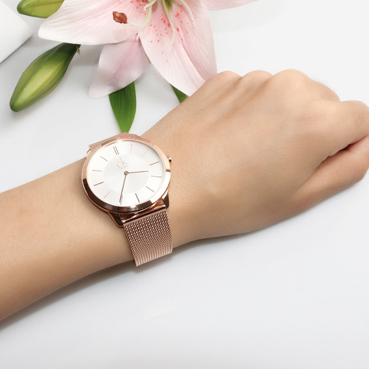  Shop Authentic Calvin Klein Minimal White Dial Rose Gold Mesh Bracelet Watch for Men - K3M21626 - Luxxuri