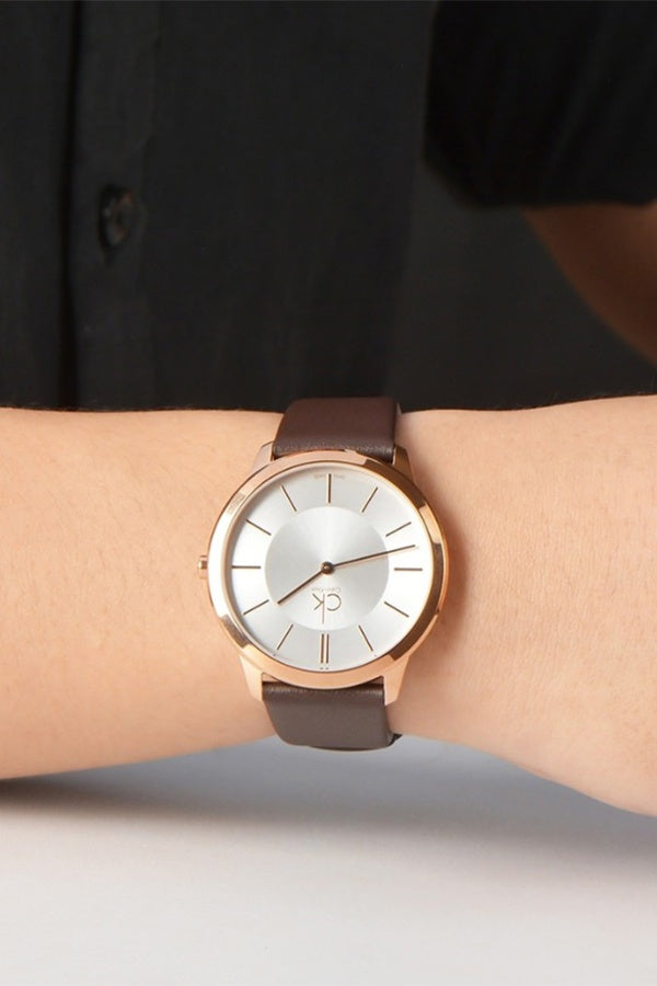  Shop Authentic Calvin Klein Minimal White Dial Brown Leather Strap Watch for Men - K3M216G6 - Luxxuri