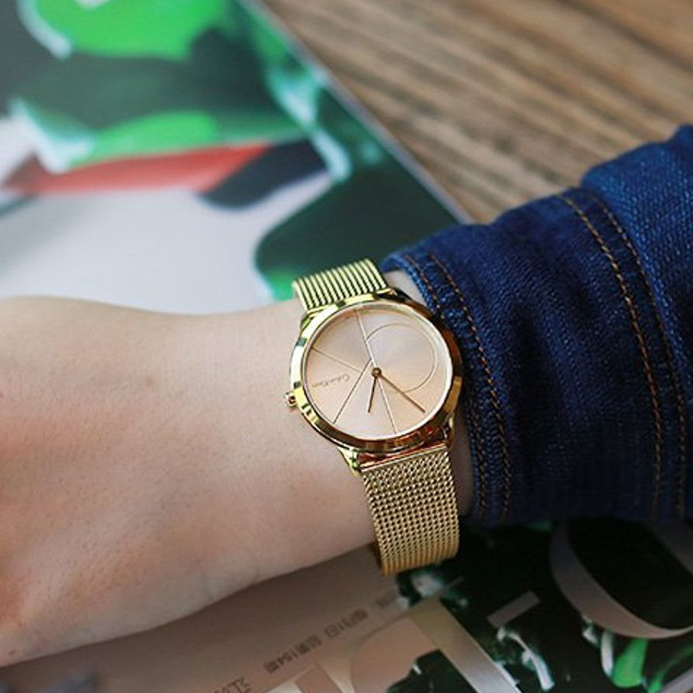  Shop Authentic Calvin Klein Minimal Silver Dial Gold Mesh Bracelet Watch for Women - K3M22526 - Luxxuri