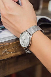  Shop Authentic Calvin Klein Minimal White Dial Silver Mesh Bracelet Watch for Women - K3M23126 - Luxxuri