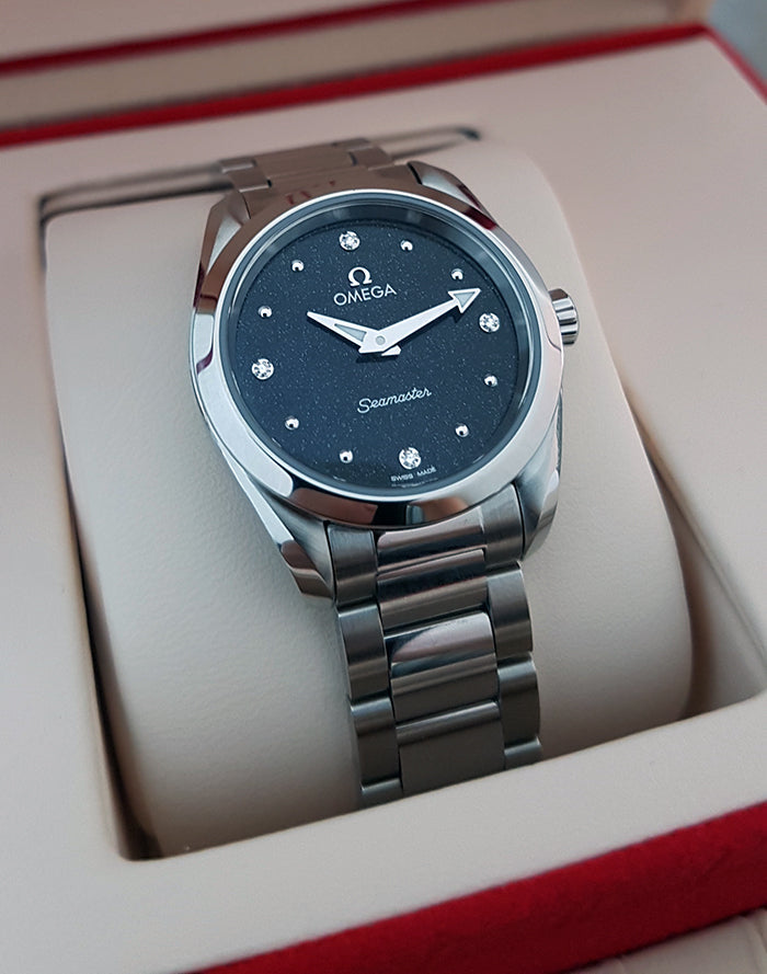  Shop Authentic Omega Seamaster Aqua Terra Quartz Diamond Black Dial Silver Steel Strap Watch for Women - 220.10.28.60.51.001 - Luxxuri