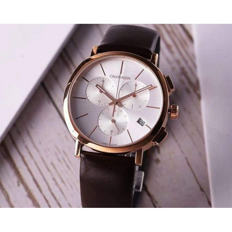  Shop Authentic Calvin Klein Posh Chronograph White Dial Brown Leather Strap Watch for Men - K8Q376G6 - Luxxuri