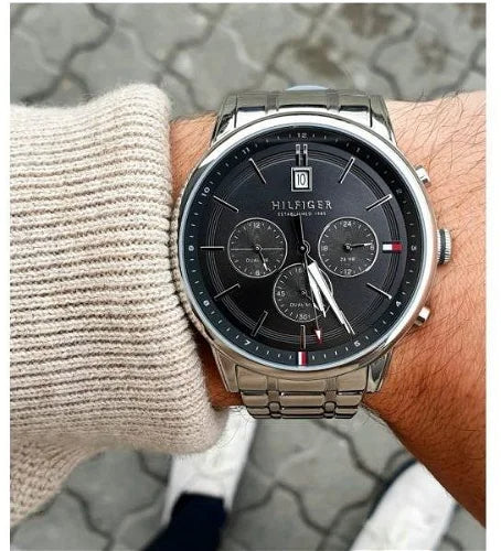  Shop Authentic Tommy Hilfiger Kyle Chronograph Grey Dial Silver Steel Strap Watch for Men - 1791632 - Luxxuri