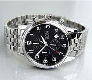 Shop Authentic Hugo Boss Aeroliner Chronograph Black Dial Silver Steel Strap Watch For Men - 1512446 - Luxxuri