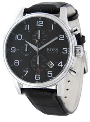  Shop Authentic Hugo Boss Aeroliner Chronograph Black Dial Black Leather Strap Watch For Men - 1512448 - Luxxuri