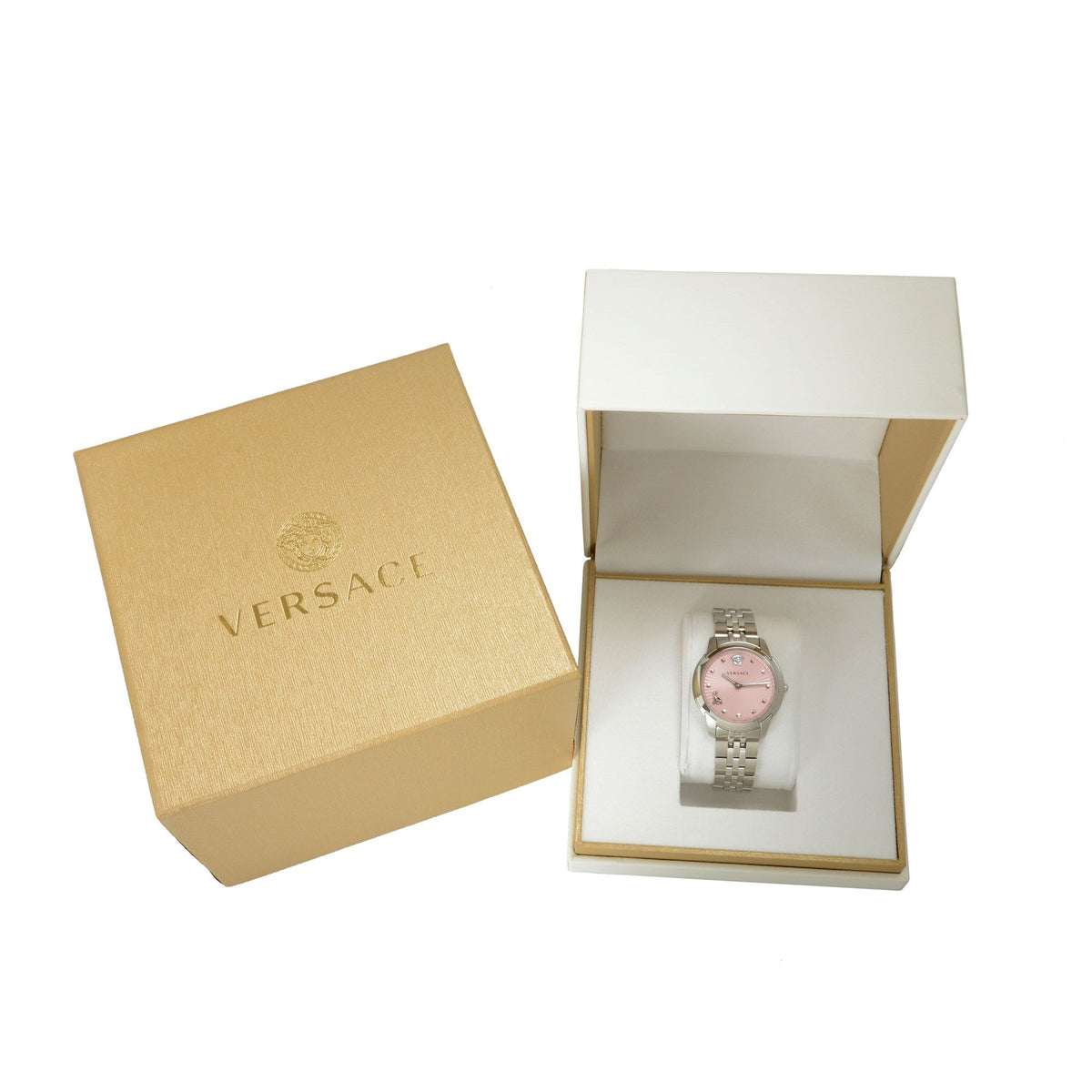 Shop Authentic Versace Audrey Quartz Pink Dial Silver Steel Strap Watch for Women - VELR00419 - Luxxuri