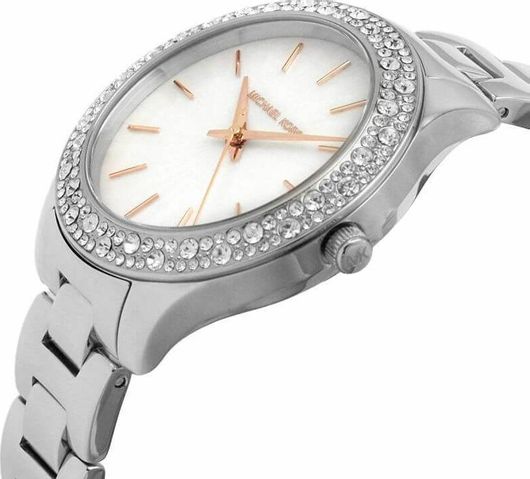  Shop Authentic Michael Kors Liliane Three Hand Mother of Pearl White Dial Silver Steel Strap Watch For Women - MK4556 - Luxxuri