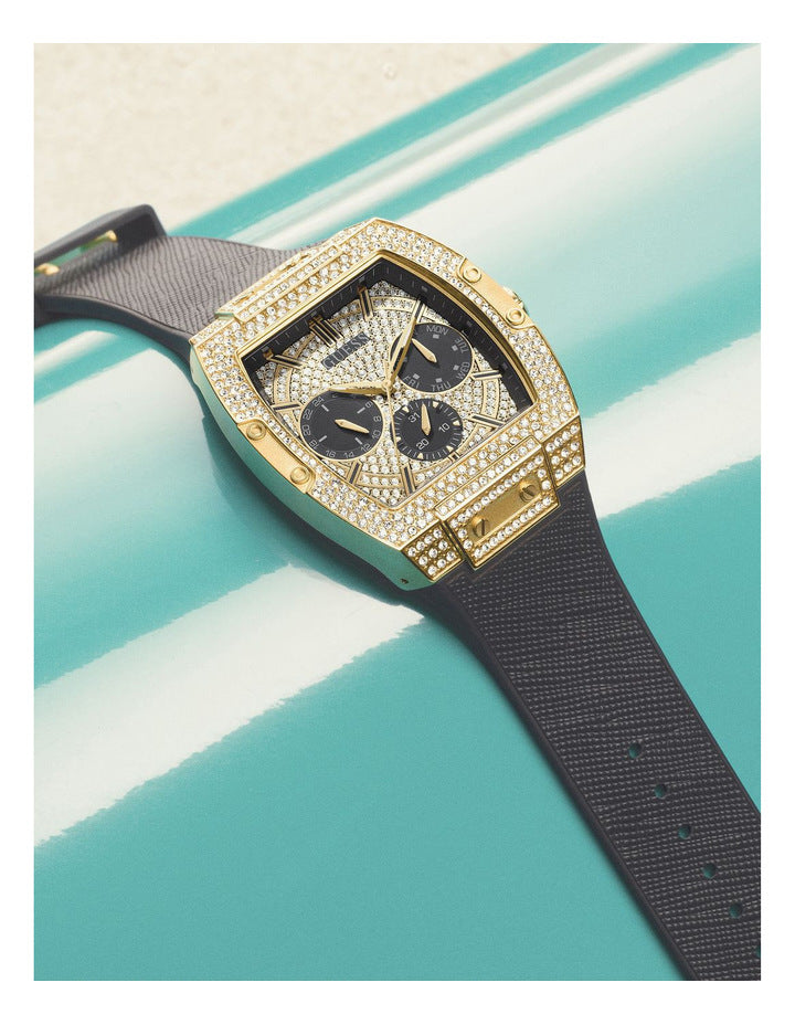  Shop Authentic Guess Phoenix Multifunction Crystals Gold Dial Black Silicone Strap Watch For Men - GW0048G2 - Luxxuri