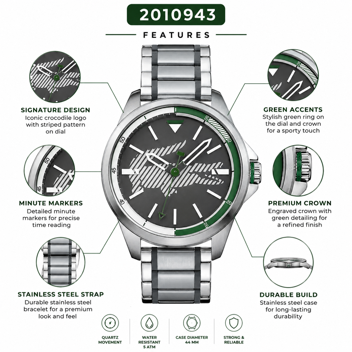 Lacoste Capbreton Gray Dial Two Tone Steel Strap Watch for Men - 2010943