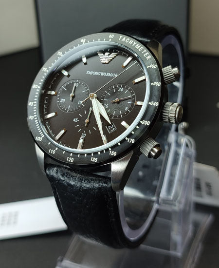  Shop Authentic Emporio Armani Mario Chronograph Black Dial Black Leather Strap Watch For Men - AR11243 - Luxxuri